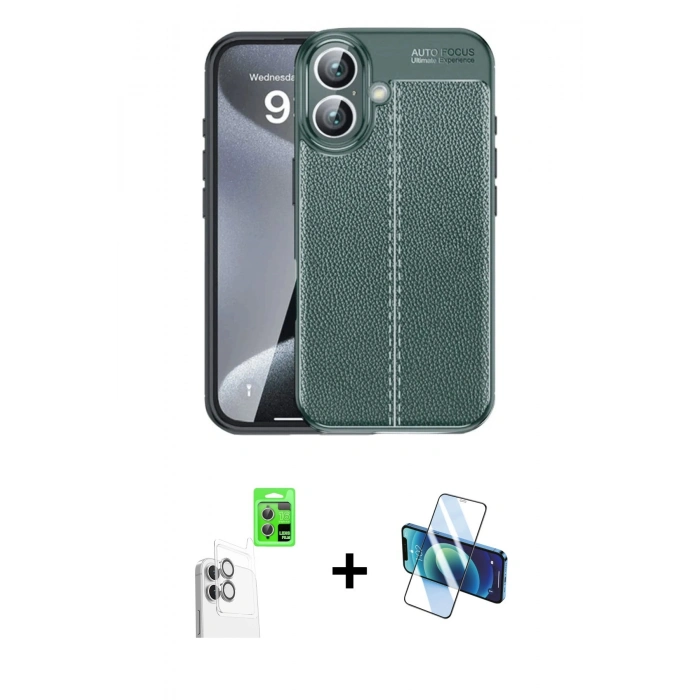 MARSİLYAN™- iPhone 16 Plus Kılıf Doruk Klasik Özel Seri - Siyah 3D Antistatik Cam Ekran Koruyucu + Raze Metal Kamera Lens - BZ
