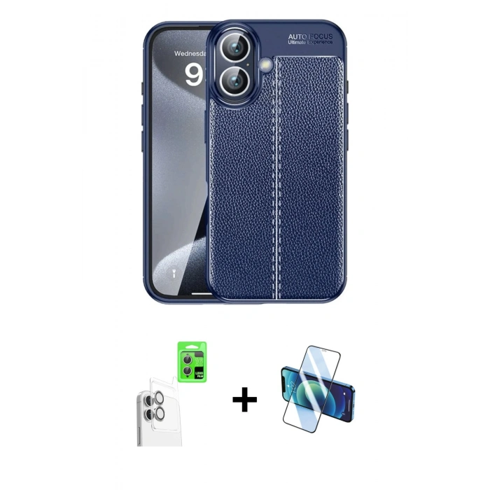 MARSİLYAN™- iPhone 16 Plus Kılıf Doruk Klasik Özel Seri - Siyah 3D Antistatik Cam Ekran Koruyucu + Raze Metal Kamera Lens - BZ