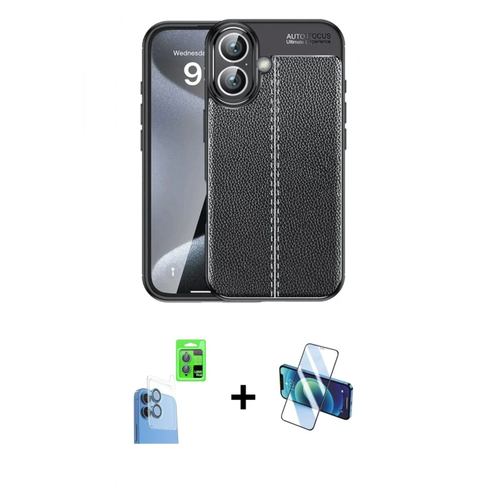 MARSİLYAN™- iPhone 16 Plus Kılıf Doruk Klasik Özel Seri - Siyah 3D Antistatik Cam Ekran Koruyucu + Raze Metal Kamera Lens - LT