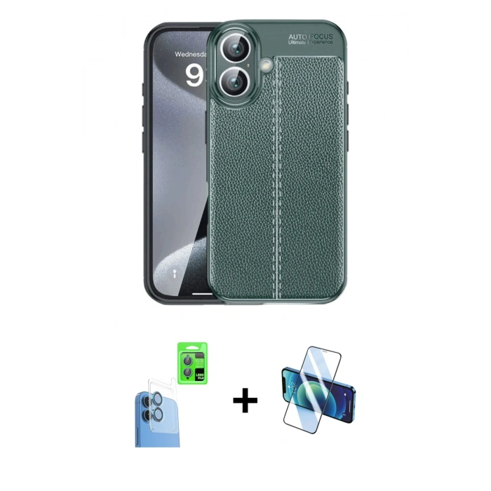 MARSİLYAN™- iPhone 16 Plus Kılıf Doruk Klasik Özel Seri - Siyah 3D Antistatik Cam Ekran Koruyucu + Raze Metal Kamera Lens - LT