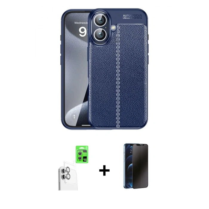 MARSİLYAN™- iPhone 16 Plus Kılıf Doruk Klasik Özel Seri - Siyah 3D Antistatik Hayalet Cam Ekran Koruyucu + Raze Metal Kamera Lens - BZ