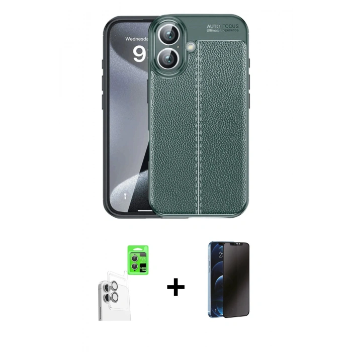 MARSİLYAN™- iPhone 16 Plus Kılıf Doruk Klasik Özel Seri - Siyah 3D Antistatik Hayalet Cam Ekran Koruyucu + Raze Metal Kamera Lens - BZ