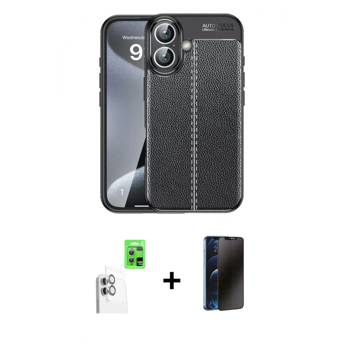 MARSİLYAN™- iPhone 16 Plus Kılıf Doruk Klasik Özel Seri - Siyah 3D Antistatik Hayalet Cam Ekran Koruyucu + Raze Metal Kamera Lens - BZ