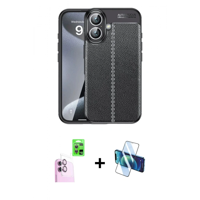 MARSİLYAN™- iPhone 16 Plus Kılıf Doruk Klasik Özel Seri - Siyah 3D Antistatik Seramik Nano Ekran Koruyucu + Raze Metal Kamera Lens - PE