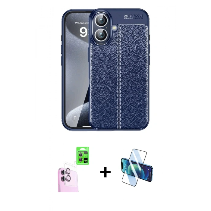 MARSİLYAN™- iPhone 16 Plus Kılıf Doruk Klasik Özel Seri - Siyah 3D Antistatik Seramik Nano Ekran Koruyucu + Raze Metal Kamera Lens - PE