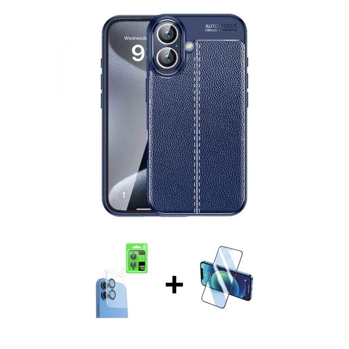 MARSİLYAN™- iPhone 16 Plus Kılıf Doruk Klasik Özel Seri - Siyah 3D Antistatik Seramik Nano Ekran Koruyucu + Raze Metal Kamera Lens - LT