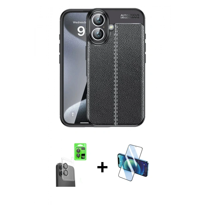 MARSİLYAN™- iPhone 16 Plus Kılıf Doruk Klasik Özel Seri - Siyah 3D Antistatik Seramik Nano Ekran Koruyucu + Siyah Raze Metal Kamera Lens