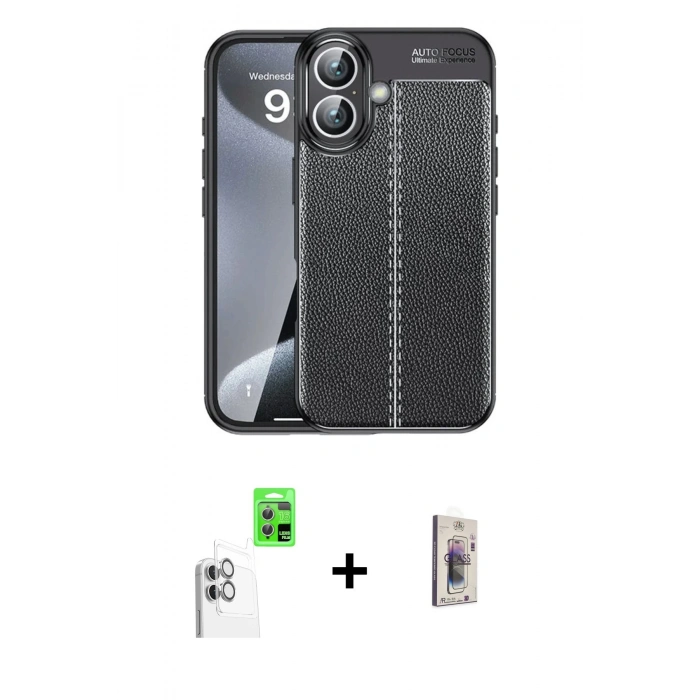 MARSİLYAN™- iPhone 16 Plus Kılıf Doruk Klasik Özel Seri - Siyah Bilvis 3D Cam Ekran Koruyucu + Raze Metal Kamera Lens - BZ