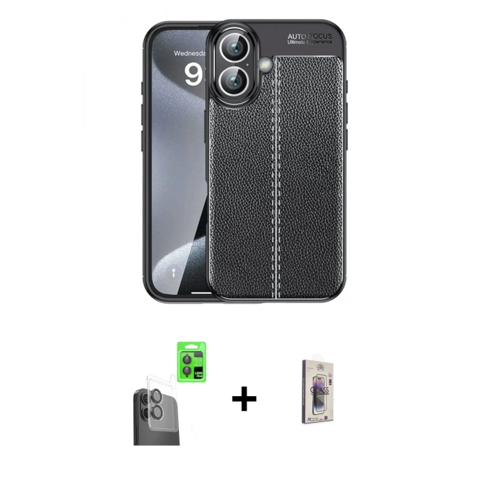 MARSİLYAN™- iPhone 16 Plus Kılıf Doruk Klasik Özel Seri - Siyah Bilvis 3D Cam Ekran Koruyucu + Raze Metal Kamera Lens - SH