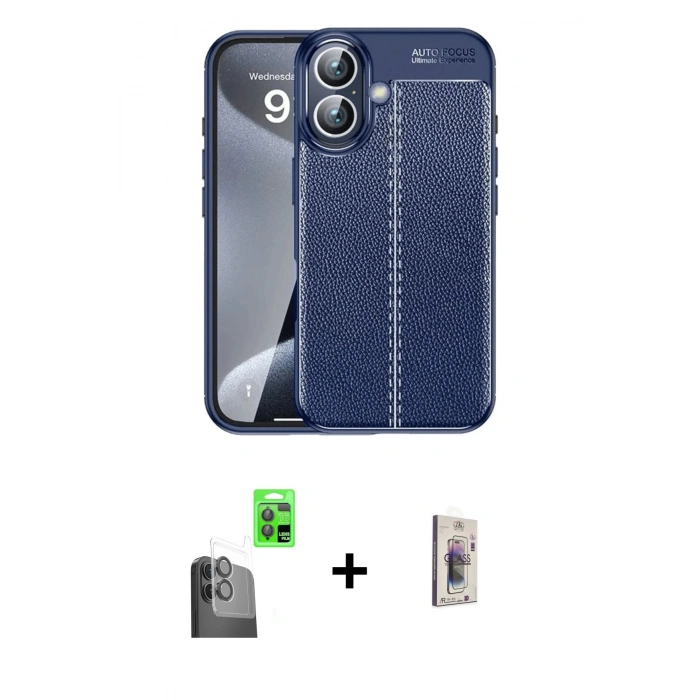 MARSİLYAN™- iPhone 16 Plus Kılıf Doruk Klasik Özel Seri - Siyah Bilvis 3D Cam Ekran Koruyucu + Raze Metal Kamera Lens - SH