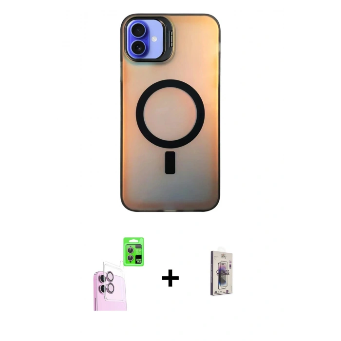 MARSİLYAN™- iPhone 16 Plus Kılıf Doruk Klasik Prime - Siyah Bilvis 3D Cam Ekran Koruyucu + Raze Metal Kamera Lens - PE