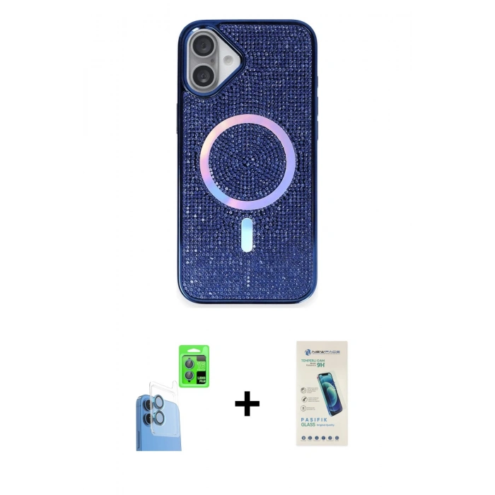 MARSİLYAN™- iPhone 16 Plus Kılıf Eksen Çizgi - Şeffaf Pasifik Cam Ekran Koruyucu + Raze Metal Kamera Lens - LT