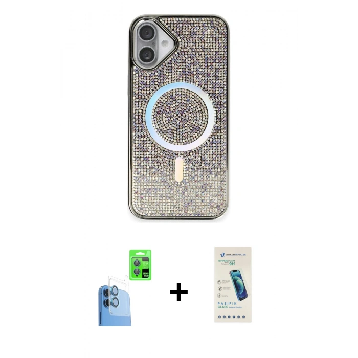 MARSİLYAN™- iPhone 16 Plus Kılıf Eksen Çizgi - Şeffaf Pasifik Cam Ekran Koruyucu + Raze Metal Kamera Lens - LT