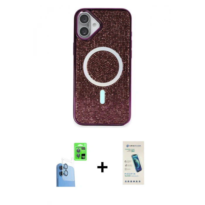 MARSİLYAN™- iPhone 16 Plus Kılıf Eksen Çizgi - Şeffaf Pasifik Cam Ekran Koruyucu + Raze Metal Kamera Lens - LT