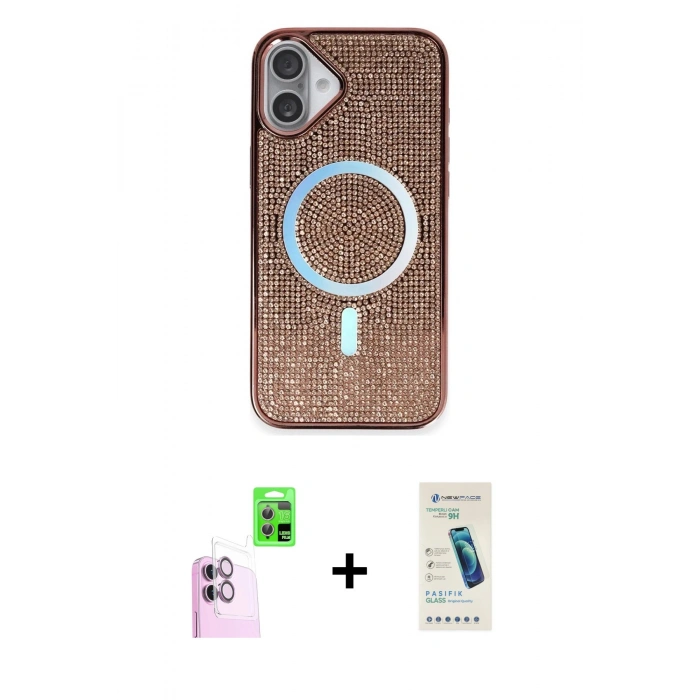 MARSİLYAN™- iPhone 16 Plus Kılıf Eksen Çizgi - Şeffaf Pasifik Cam Ekran Koruyucu + Raze Metal Kamera Lens - PE