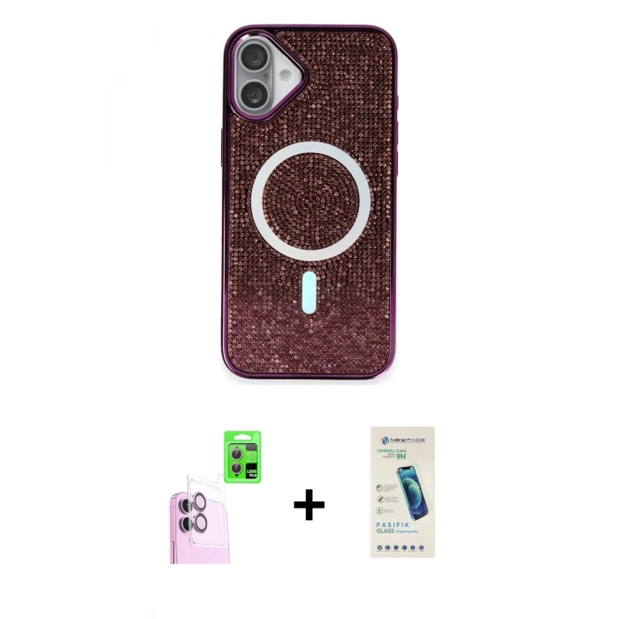 MARSİLYAN™- iPhone 16 Plus Kılıf Eksen Çizgi - Şeffaf Pasifik Cam Ekran Koruyucu + Raze Metal Kamera Lens - PE