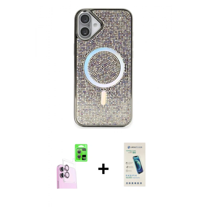 MARSİLYAN™- iPhone 16 Plus Kılıf Eksen Çizgi - Şeffaf Pasifik Cam Ekran Koruyucu + Raze Metal Kamera Lens - PE