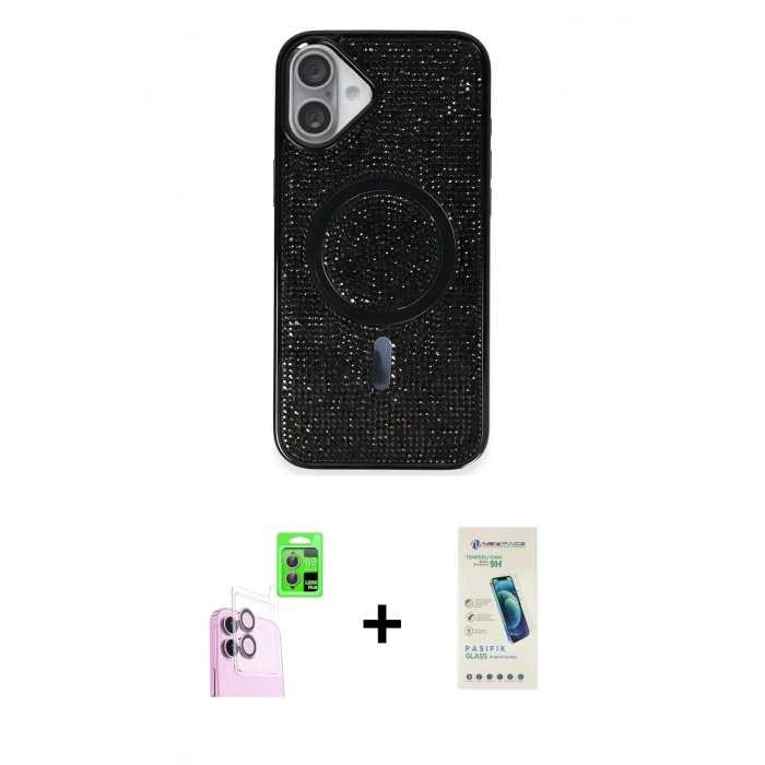 MARSİLYAN™- iPhone 16 Plus Kılıf Eksen Çizgi - Şeffaf Pasifik Cam Ekran Koruyucu + Raze Metal Kamera Lens - PE