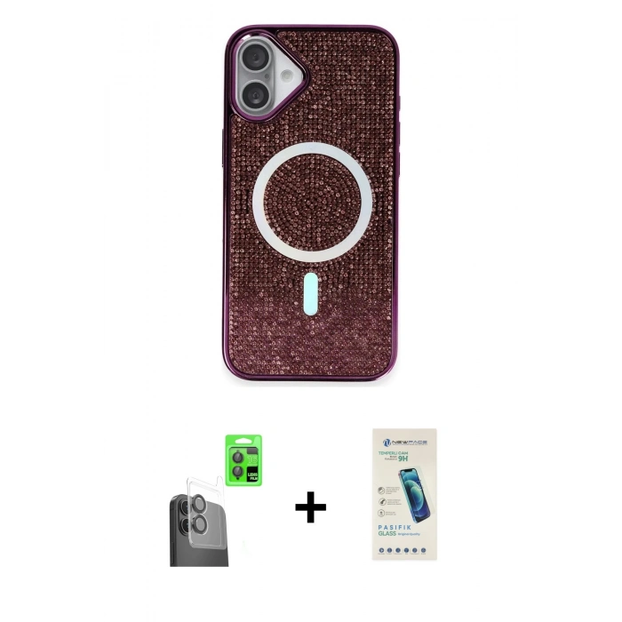 MARSİLYAN™- iPhone 16 Plus Kılıf Eksen Çizgi - Şeffaf Pasifik Cam Ekran Koruyucu + Raze Metal Kamera Lens - SH