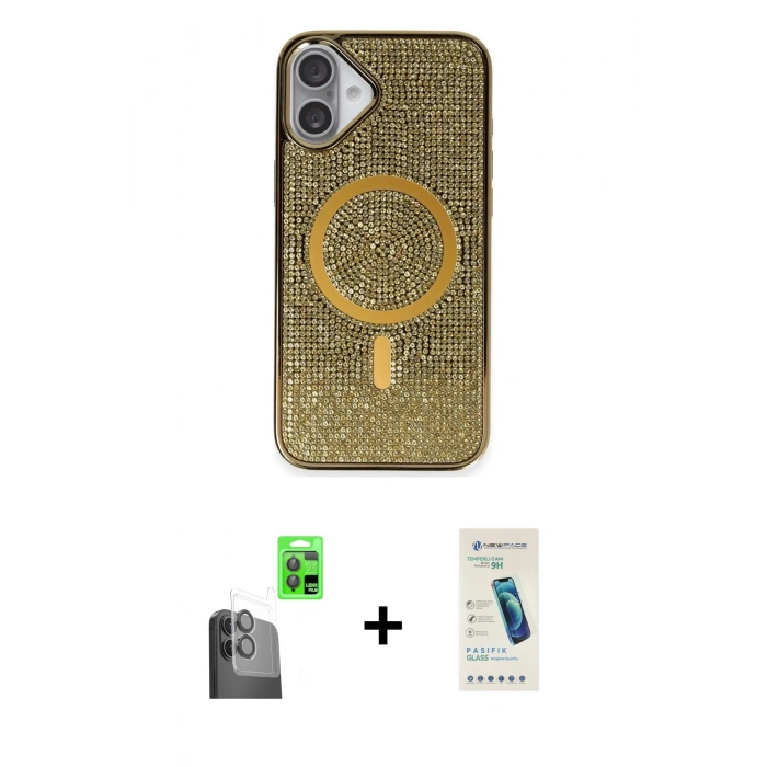 MARSİLYAN™- iPhone 16 Plus Kılıf Eksen Çizgi - Şeffaf Pasifik Cam Ekran Koruyucu + Raze Metal Kamera Lens - SH