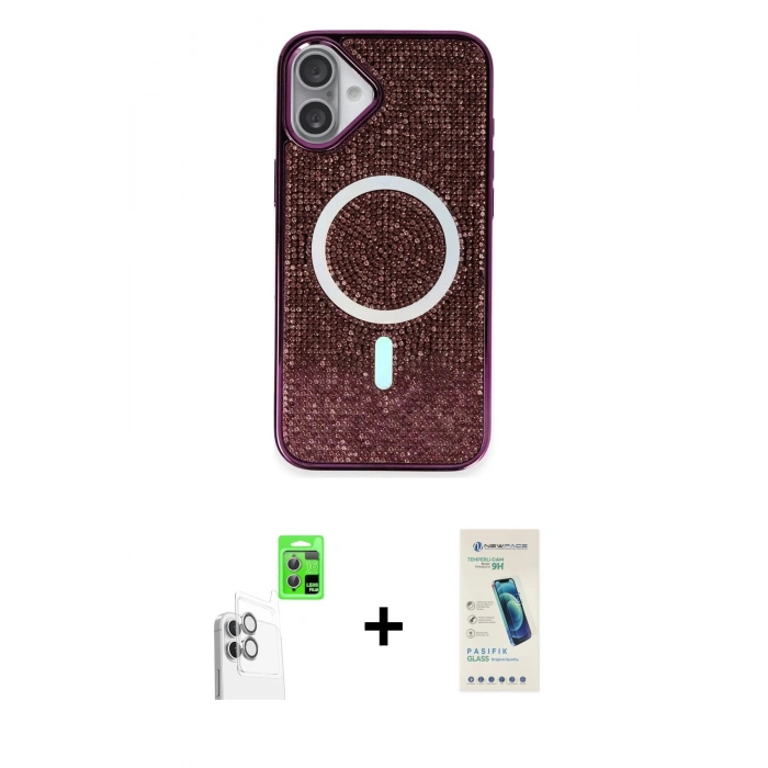 MARSİLYAN™- iPhone 16 Plus Kılıf Eksen Çizgi - Şeffaf Pasifik Cam Ekran Koruyucu + Raze Metal Kamera Lens - BZ