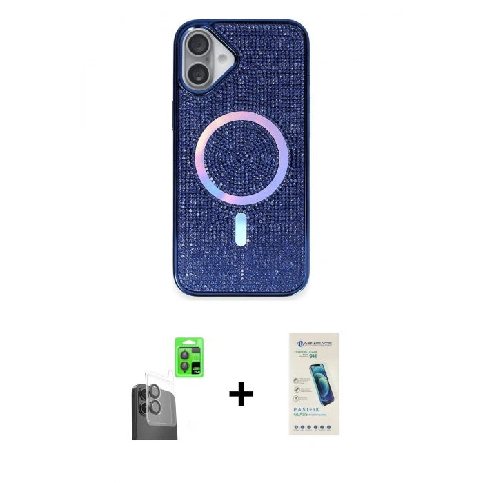 MARSİLYAN™- iPhone 16 Plus Kılıf Eksen Çizgi - Şeffaf Pasifik Cam Ekran Koruyucu + Raze Metal Kamera Lens - SH