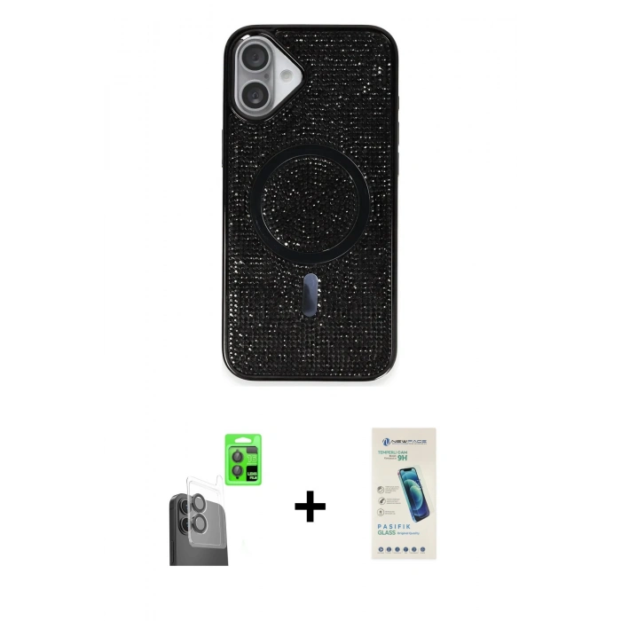 MARSİLYAN™- iPhone 16 Plus Kılıf Eksen Çizgi - Şeffaf Pasifik Cam Ekran Koruyucu + Raze Metal Kamera Lens - SH
