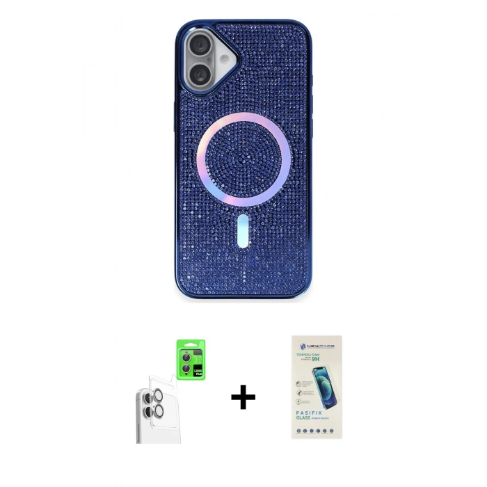 MARSİLYAN™- iPhone 16 Plus Kılıf Eksen Çizgi - Şeffaf Pasifik Cam Ekran Koruyucu + Raze Metal Kamera Lens - BZ