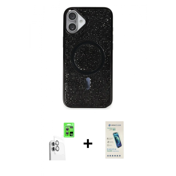 MARSİLYAN™- iPhone 16 Plus Kılıf Eksen Çizgi - Şeffaf Pasifik Cam Ekran Koruyucu + Raze Metal Kamera Lens - BZ