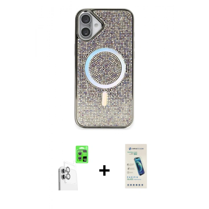 MARSİLYAN™- iPhone 16 Plus Kılıf Eksen Çizgi - Şeffaf Pasifik Cam Ekran Koruyucu + Raze Metal Kamera Lens - BZ