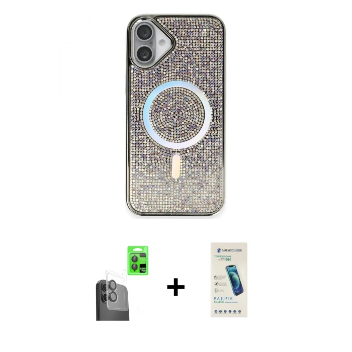 MARSİLYAN™- iPhone 16 Plus Kılıf Eksen Çizgi - Şeffaf Pasifik Cam Ekran Koruyucu + Raze Metal Kamera Lens - SH