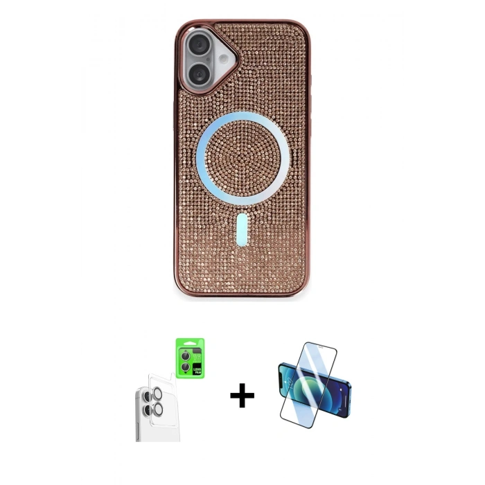 MARSİLYAN™- iPhone 16 Plus Kılıf Eksen Çizgi - Siyah 3D Antistatik Cam Ekran Koruyucu + Raze Metal Kamera Lens - BZ