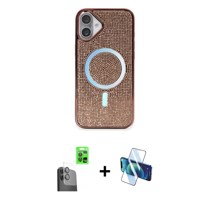 MARSİLYAN™- iPhone 16 Plus Kılıf Eksen Çizgi - Siyah 3D Antistatik Cam Ekran Koruyucu + Raze Metal Kamera Lens - SH