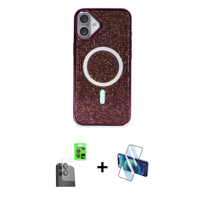 MARSİLYAN™- iPhone 16 Plus Kılıf Eksen Çizgi - Siyah 3D Antistatik Cam Ekran Koruyucu + Raze Metal Kamera Lens - SH
