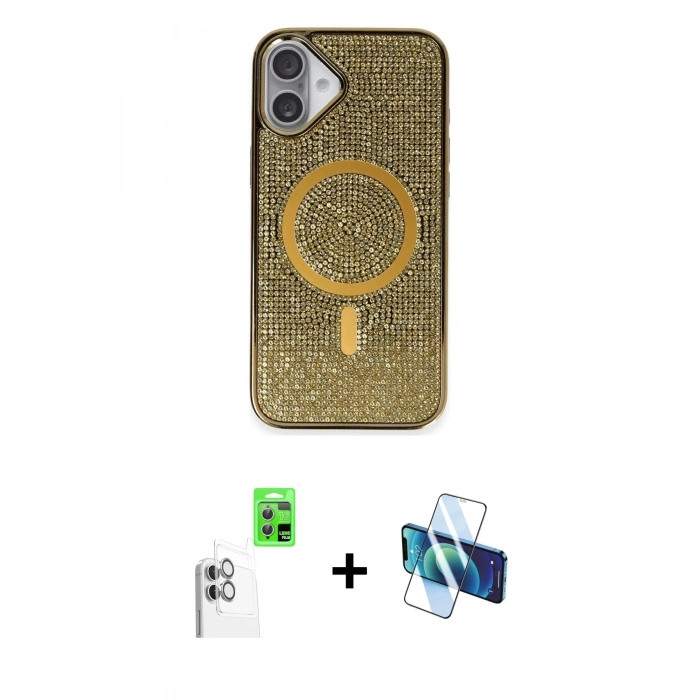 MARSİLYAN™- iPhone 16 Plus Kılıf Eksen Çizgi - Siyah 3D Antistatik Cam Ekran Koruyucu + Raze Metal Kamera Lens - BZ