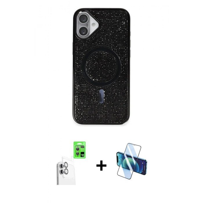 MARSİLYAN™- iPhone 16 Plus Kılıf Eksen Çizgi - Siyah 3D Antistatik Cam Ekran Koruyucu + Raze Metal Kamera Lens - BZ