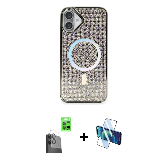 MARSİLYAN™- iPhone 16 Plus Kılıf Eksen Çizgi - Siyah 3D Antistatik Cam Ekran Koruyucu + Raze Metal Kamera Lens - SH