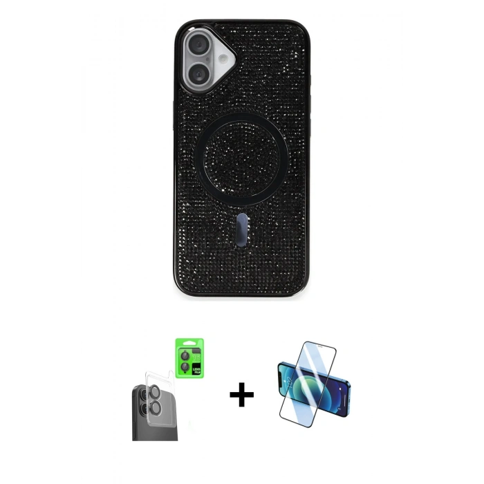 MARSİLYAN™- iPhone 16 Plus Kılıf Eksen Çizgi - Siyah 3D Antistatik Cam Ekran Koruyucu + Raze Metal Kamera Lens - SH