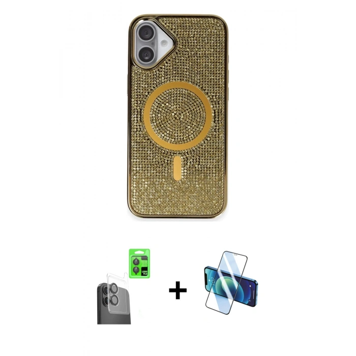 MARSİLYAN™- iPhone 16 Plus Kılıf Eksen Çizgi - Siyah 3D Antistatik Cam Ekran Koruyucu + Raze Metal Kamera Lens - SH