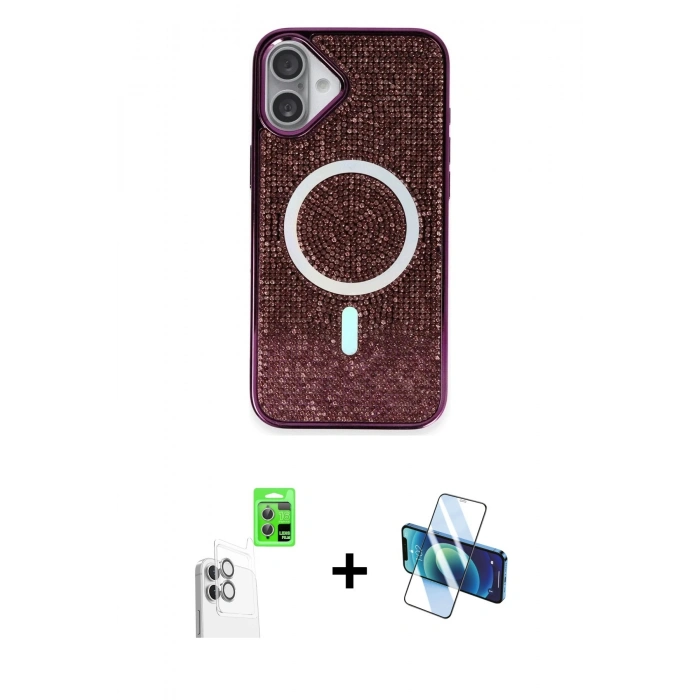 MARSİLYAN™- iPhone 16 Plus Kılıf Eksen Çizgi - Siyah 3D Antistatik Cam Ekran Koruyucu + Raze Metal Kamera Lens - BZ