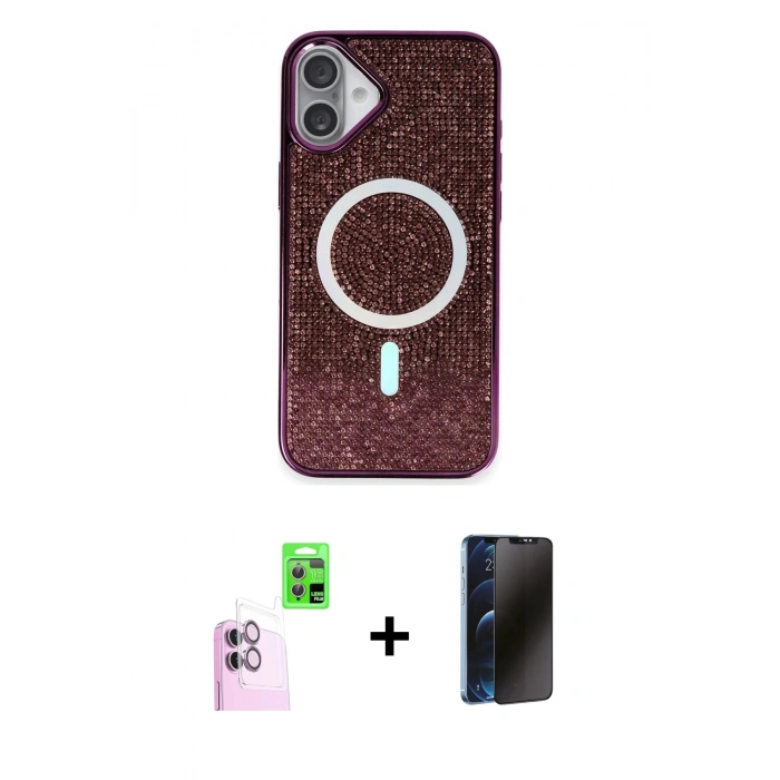 MARSİLYAN™- iPhone 16 Plus Kılıf Eksen Çizgi - Siyah 3D Antistatik Hayalet Cam Ekran Koruyucu + Raze Metal Kamera Lens - PE