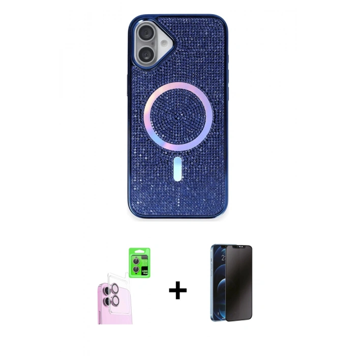 MARSİLYAN™- iPhone 16 Plus Kılıf Eksen Çizgi - Siyah 3D Antistatik Hayalet Cam Ekran Koruyucu + Raze Metal Kamera Lens - PE