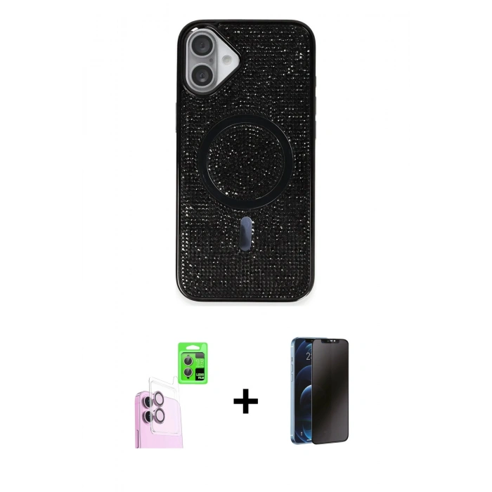 MARSİLYAN™- iPhone 16 Plus Kılıf Eksen Çizgi - Siyah 3D Antistatik Hayalet Cam Ekran Koruyucu + Raze Metal Kamera Lens - PE