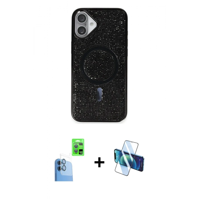 MARSİLYAN™- iPhone 16 Plus Kılıf Eksen Çizgi - Siyah 3D Antistatik Seramik Nano Ekran Koruyucu + Raze Metal Kamera Lens - LT