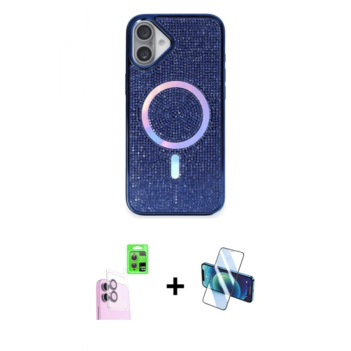 MARSİLYAN™- iPhone 16 Plus Kılıf Eksen Çizgi - Siyah 3D Antistatik Seramik Nano Ekran Koruyucu + Raze Metal Kamera Lens - PE