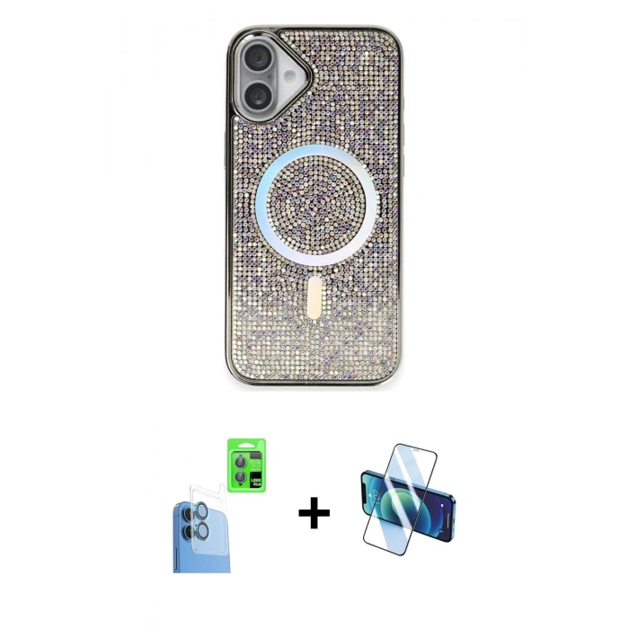 MARSİLYAN™- iPhone 16 Plus Kılıf Eksen Çizgi - Siyah 3D Antistatik Seramik Nano Ekran Koruyucu + Raze Metal Kamera Lens - LT