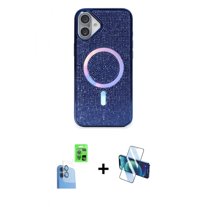 MARSİLYAN™- iPhone 16 Plus Kılıf Eksen Çizgi - Siyah 3D Antistatik Seramik Nano Ekran Koruyucu + Raze Metal Kamera Lens - LT