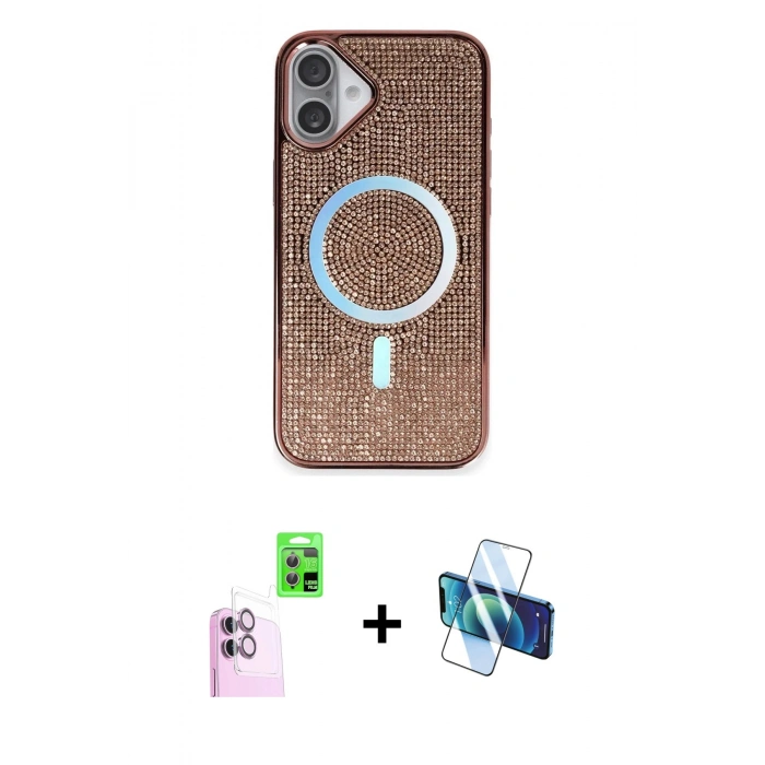 MARSİLYAN™- iPhone 16 Plus Kılıf Eksen Çizgi - Siyah 3D Antistatik Seramik Nano Ekran Koruyucu + Raze Metal Kamera Lens - PE