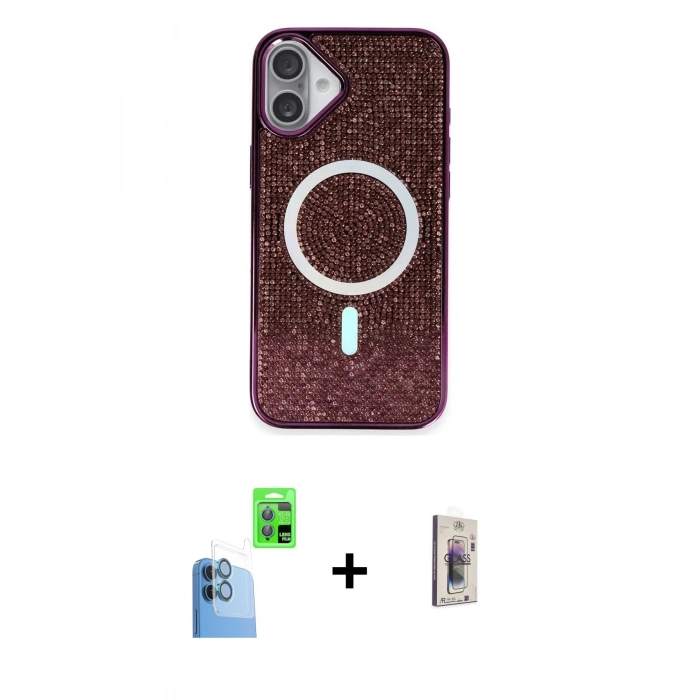MARSİLYAN™- iPhone 16 Plus Kılıf Eksen Çizgi - Siyah Bilvis 3D Cam Ekran Koruyucu + Raze Metal Kamera Lens - LT
