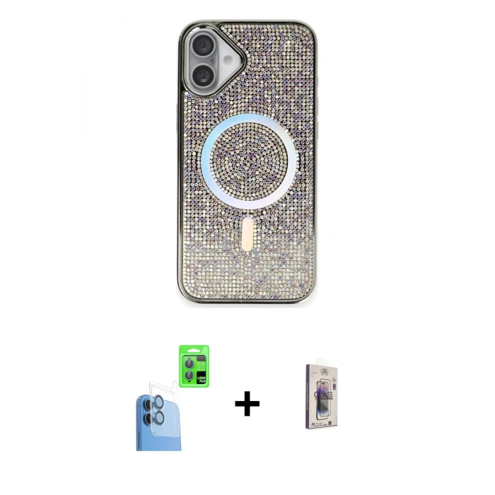 MARSİLYAN™- iPhone 16 Plus Kılıf Eksen Çizgi - Siyah Bilvis 3D Cam Ekran Koruyucu + Raze Metal Kamera Lens - LT